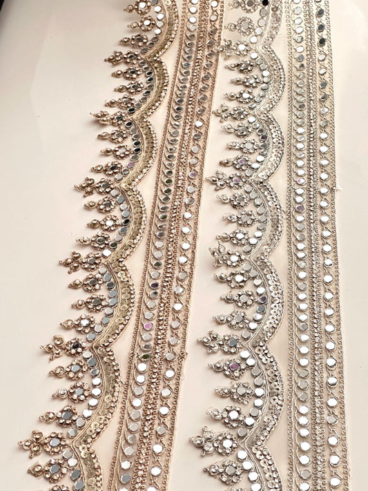 Light Gold Scalloped Mirror Sequin & Pearl Embellished Zari Border Trim