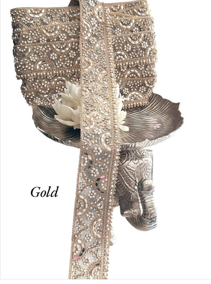 5cm By Yard Pearl Lace Light Gold Mirror Zircon & Pearl Embellished Lace Trim