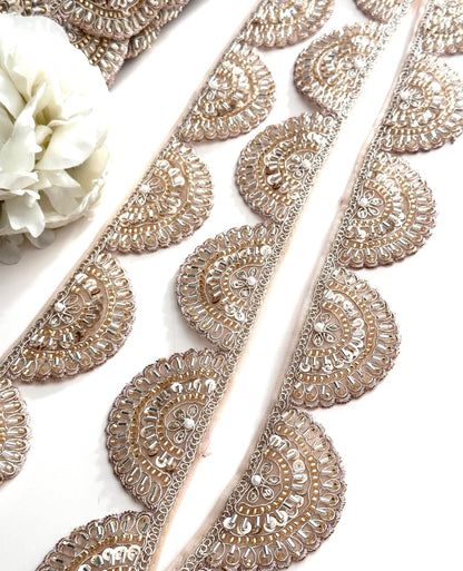 Light Gold Scalloped Zari Lace Glass Bead Indian Lace Trim Embroidered