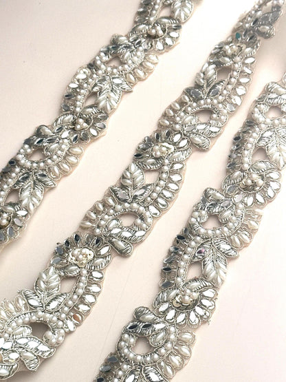 Pearl Crystal Embellished Light Gold Wedding Lace Indian Symmetric Bridal Veil Trim