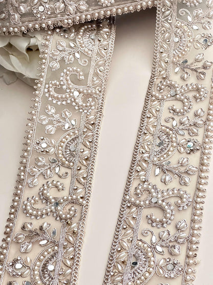 Luxury Wedding Lace Bridal Veil Zircon Pearl Embellish Zari Border Handmade