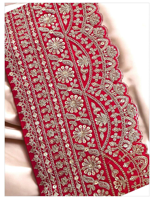 Red Zari Border Gold Hand Embroidered Indian Wedding Fabric Lace Sabyasachi Style