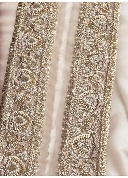 5cm Light Gold Zari Embellished Lace Glass Bead Pearl Embroidered Trim