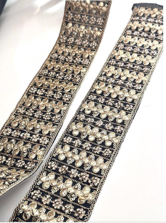 Black Floral Embroidered Zircon Lace Gota Crystal Indian Gypsy Lace