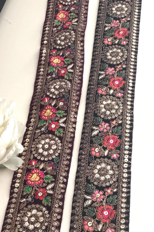 Victorian-style velvet fabric with intricate lace trim, handmade and perfect for couture fashion, home decor, costume design, wedding gowns, sashes, or crafting. The luxurious fabric features ornate detailing with delicate lace