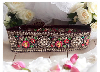 Victorian-style velvet fabric with intricate lace trim, handmade and perfect for couture fashion, home decor, costume design, wedding gowns, sashes, or crafting.