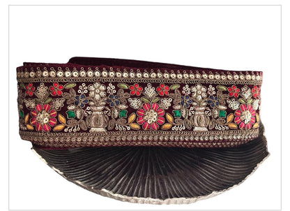 Maroon Gold Flower Pattern Embellished Trim Indian Embroidery Bridal Sari Border