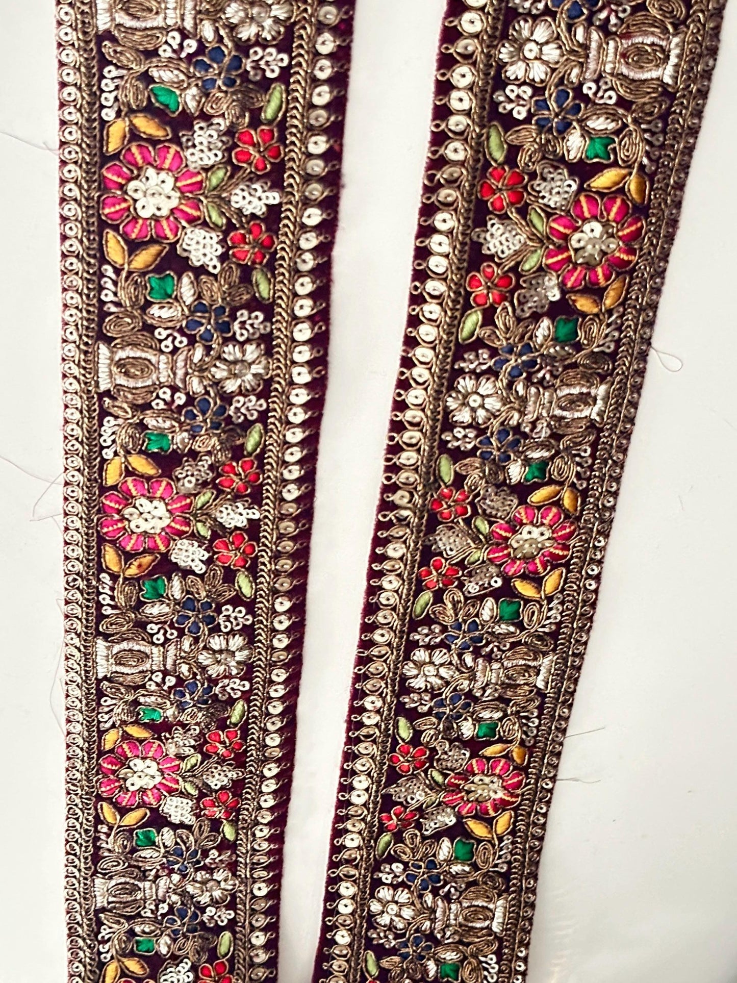 Maroon Gold Flower Pattern Embellished Trim Indian Embroidery Bridal Sari Border