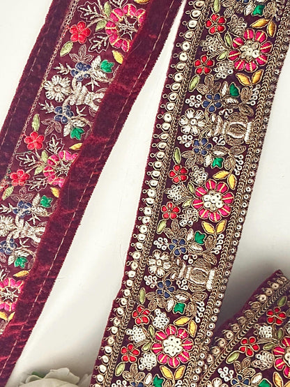 Maroon Gold Flower Pattern Embellished Trim Indian Embroidery Bridal Sari Border