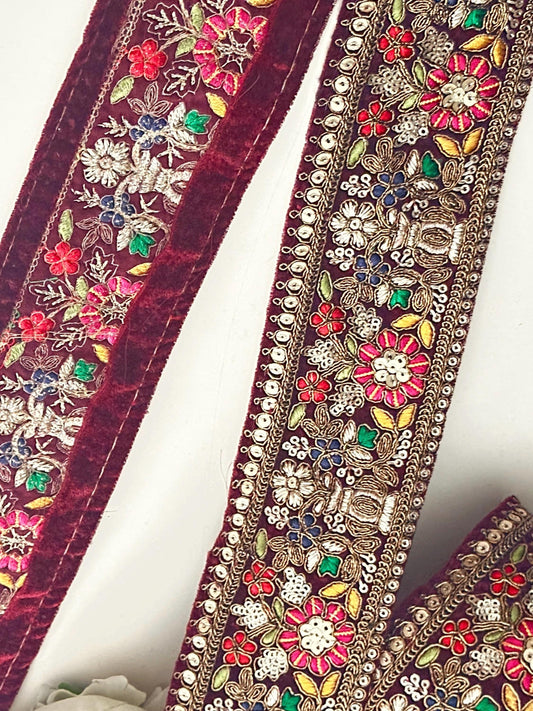 Maroon Gold Flower Pattern Embellished Trim Indian Embroidery Bridal Sari Border