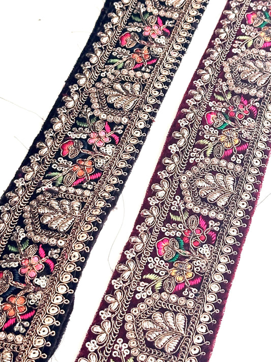 Velvet Border Indian Embroidery Vibrant Lace Trim HandMade for Wedding Dress Home Décor