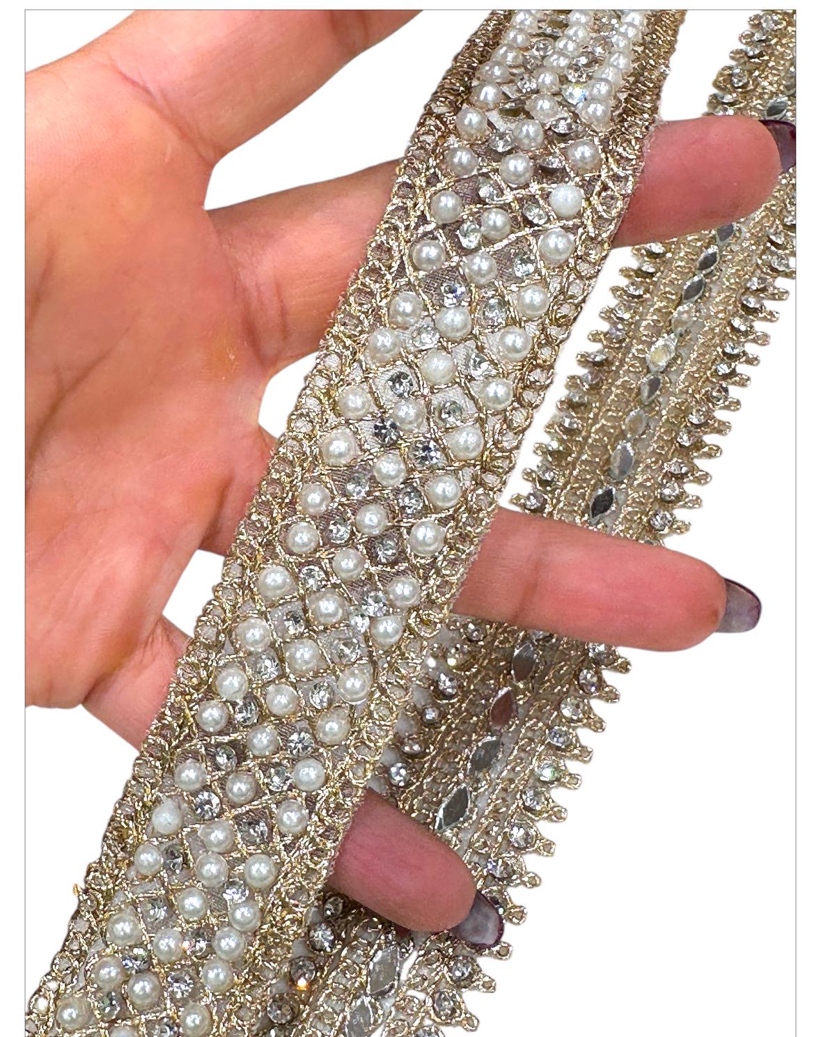 Gold Pearl Mirror Work Trim Zircon Handmade Zari Trim with Beads for Sewing & Craft