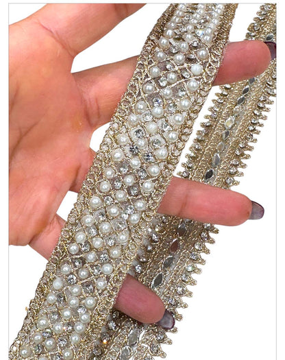 Gold Pearl Mirror Work Trim Zircon Handmade Zari Trim with Beads for Sewing & Craft