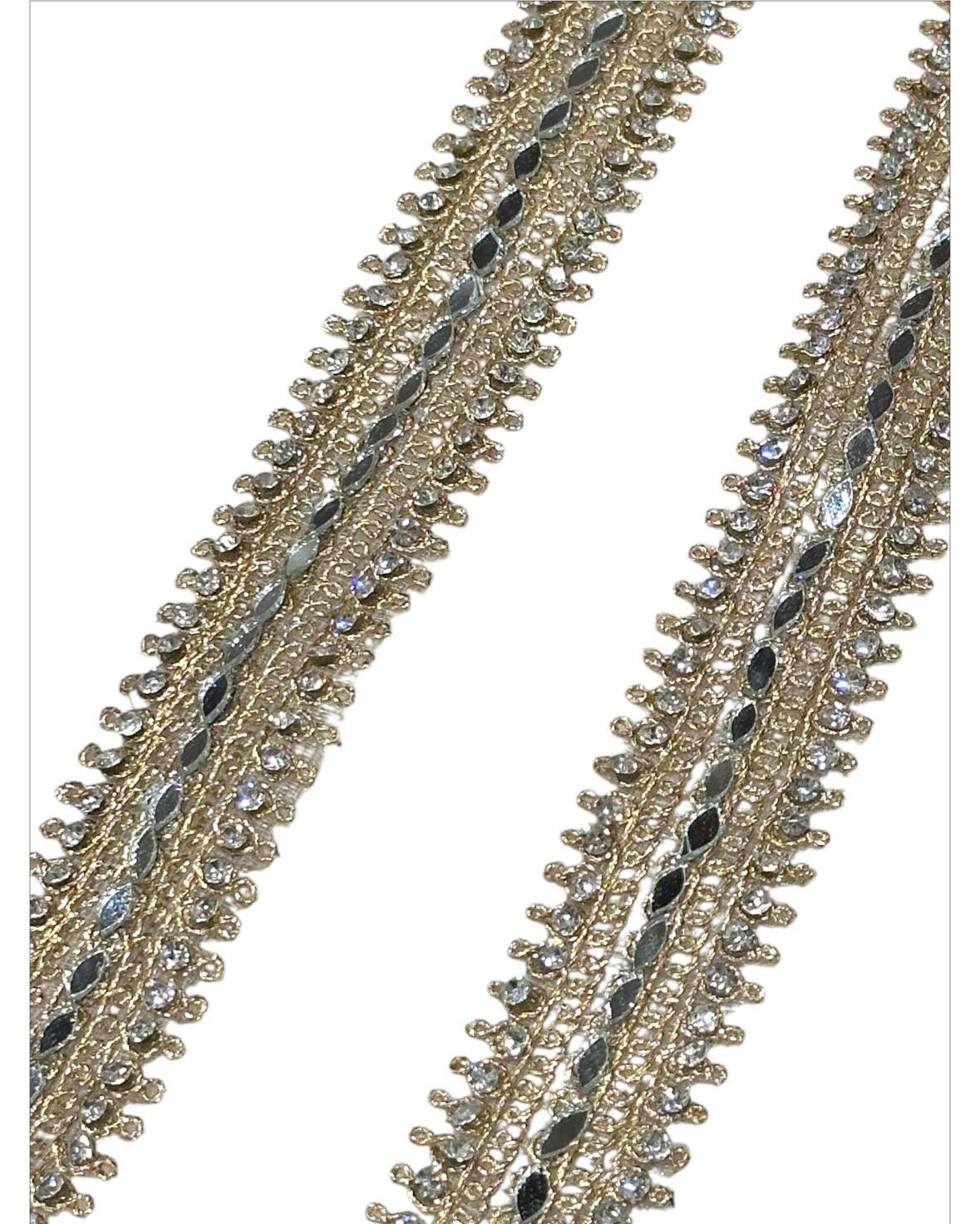 Gold Pearl Mirror Work Trim Zircon Handmade Zari Trim with Beads for Sewing & Craft