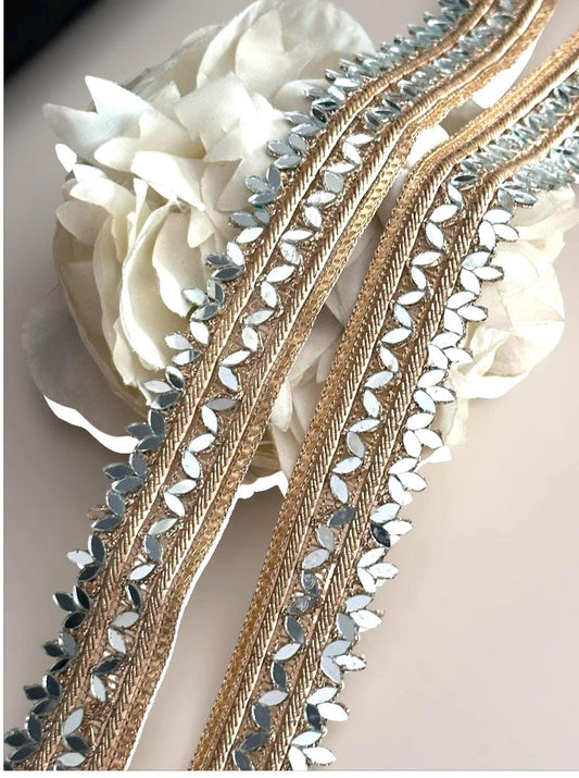 Border Mirror Work trim Embroidered Belt Antique Gold Trim For Choker Kaftan saree Suit
