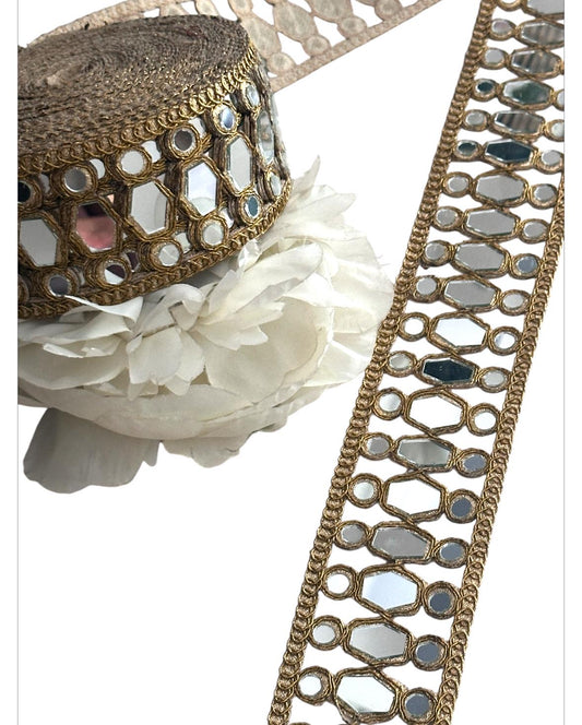 Indian Mirror Belt 4.5cm Antique Gold Geometric Pattern Trim Glamorous Sari Border