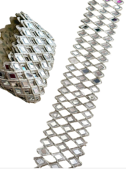 Indian Belt Hand Crafted 3 Line Silver Mirror Border Geometric Pattern Trim