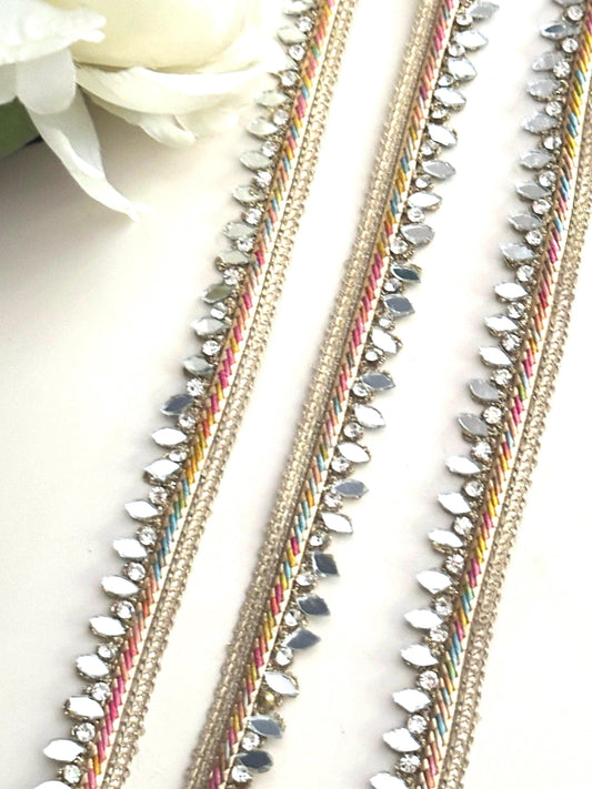 9mtr Lovely Multicolour Narrow Trim with Mirror & Crystal Rhinestone Dupatta Saree Border Lace
