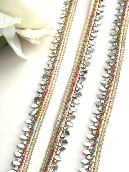 9mtr Lovely Multicolour Narrow Trim with Mirror & Crystal Rhinestone Dupatta Saree Border Lace