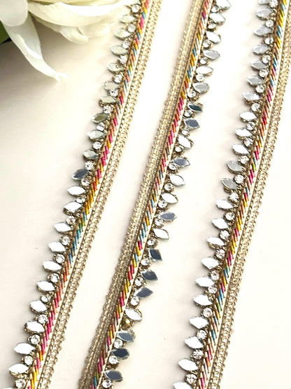 9mtr Lovely Multicolour Narrow Trim with Mirror & Crystal Rhinestone Dupatta Saree Border Lace