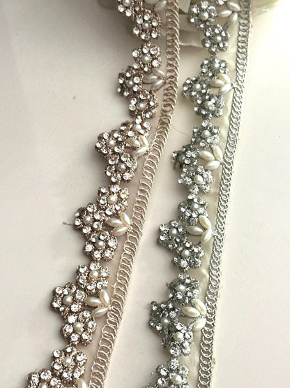 Pearl zircon embellished Indian Embroidered Lace trim ribbon 3cm Edging trim