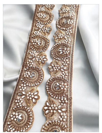 Handmade Wedding Bridal Veil Lace Zircon Pearl Mirror Highlighted Sash