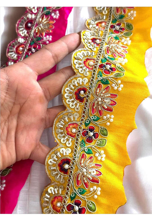 Vibrant Colorful Pearl Thread Embroidery Lace Floral Design Bridal Veil Edging Lace