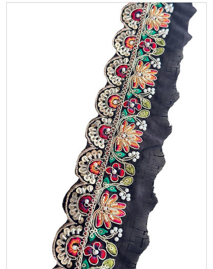 Vibrant Colorful Pearl Thread Embroidery Lace Floral Design Bridal Veil Edging Lace