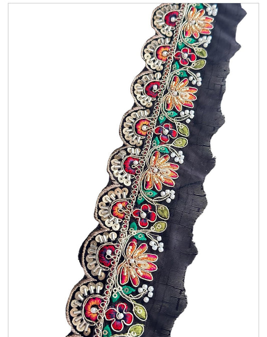 Vibrant Colorful Pearl Thread Embroidery Lace Floral Design Bridal Veil Edging Lace