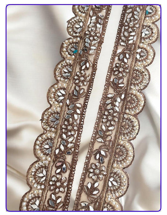 Gold Metallic Thread Embroidered Bridal Lace Pearl & Mirror Decorative Crafting Trim