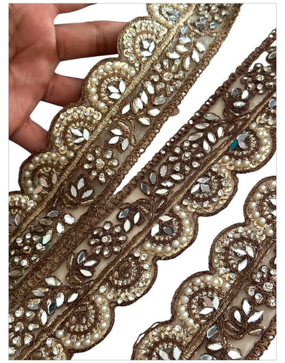 Gold Metallic Thread Embroidered Bridal Lace Pearl & Mirror Decorative Crafting Trim
