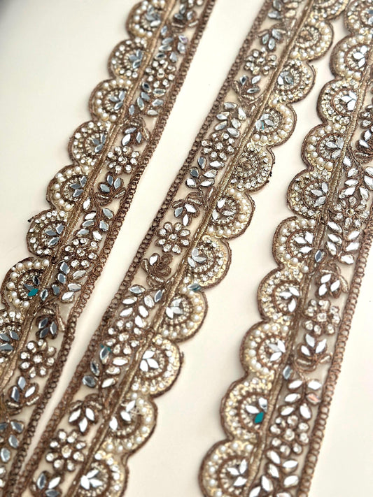 Gold Metallic Thread Embroidered Bridal Lace Pearl & Mirror Decorative Crafting Trim