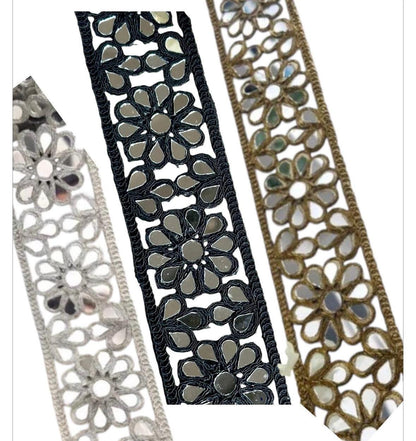 4.5cm Indian Mirror Black Gothic Flower Pattern Trim saree Border Indian Bollywood Mirror Lace