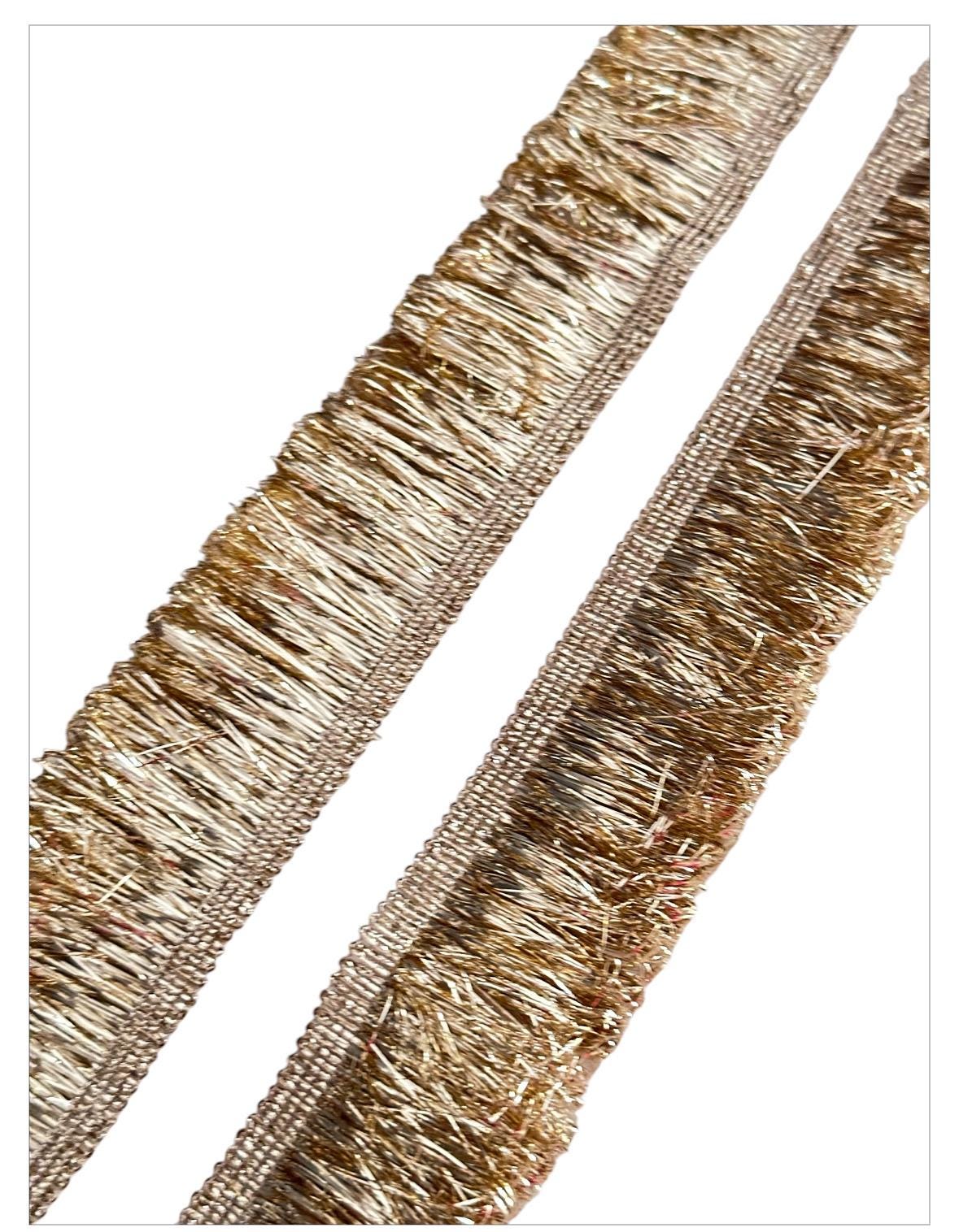 Premium gold metallic Kiran lace with detailed Sabyasachi-inspired border, ideal for sewing, home decor, DIY crafts, and festive gift wrapping projects.