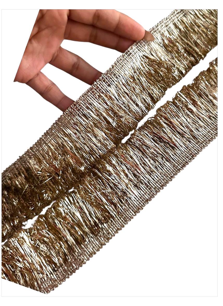 Intricate gold metallic lace with Sabyasachi-inspired border design, perfect for embellishments, special occasion decor, and creative gift wrapping