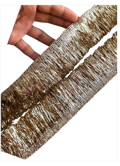 Intricate gold metallic lace with Sabyasachi-inspired border design, perfect for embellishments, special occasion decor, and creative gift wrapping