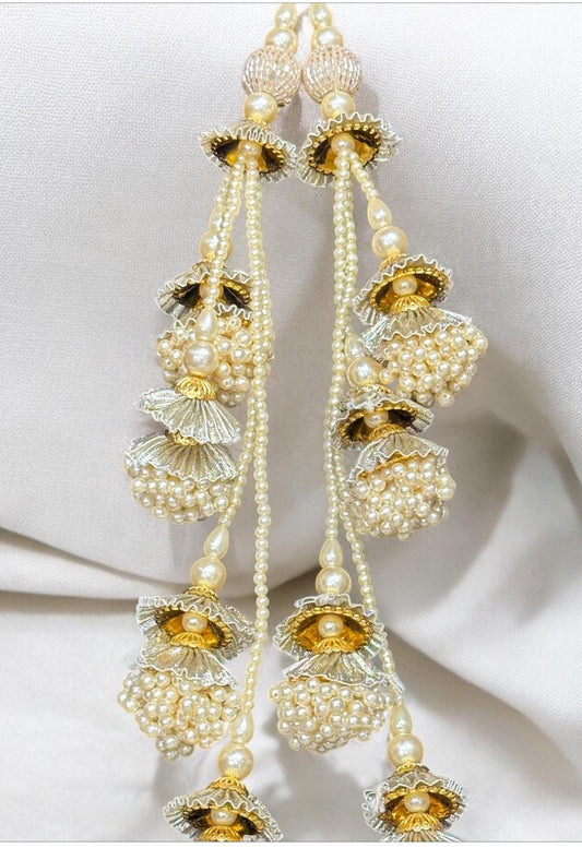 Metallic Gold Pearl Bead Long Hanging Tassel Indian Bridal Gown Lehanga Accessory