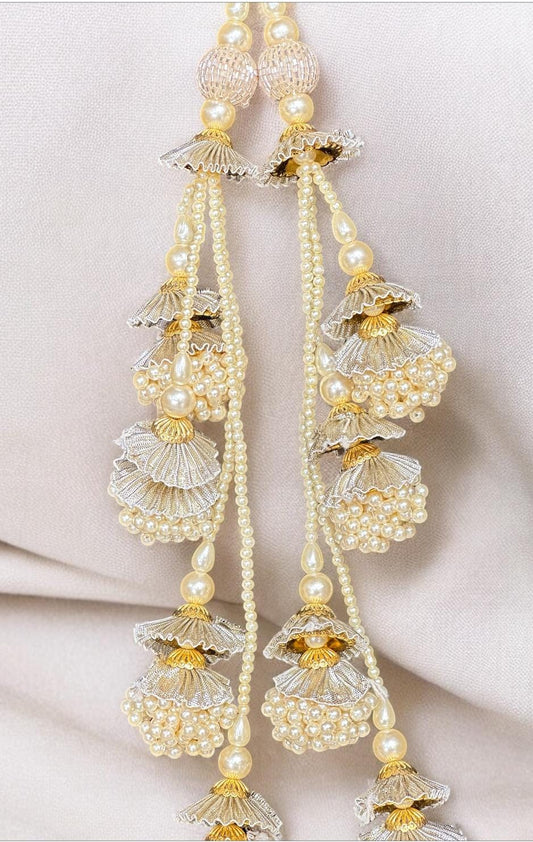 Metallic Gold Pearl Bead Long Hanging Tassel Indian Bridal Gown Lehanga Accessory
