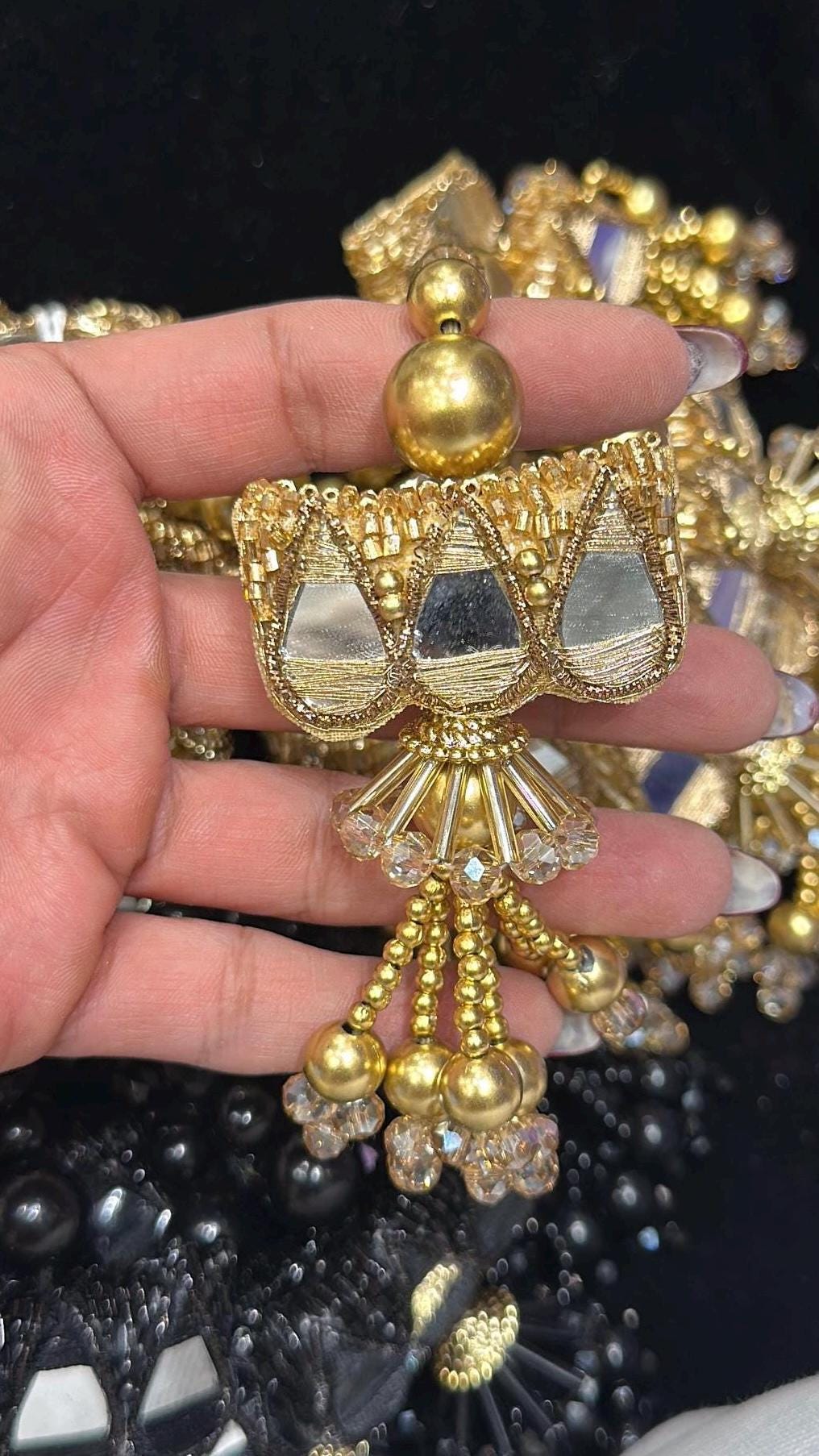 Gold Mirror Work Tassel Trim Crystal Embroidery Decorative Tassel Hanging