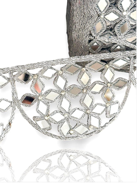 Mirror Work Border 7cm Silver Scalloped Hand Crafted festive Zari Border
