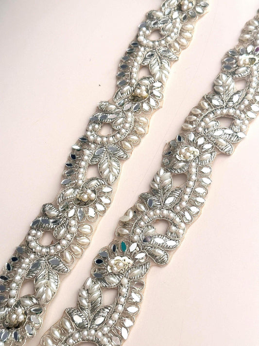 Pearl Crystal Embellished Light Gold Wedding Lace Indian Symmetric Bridal Veil Trim