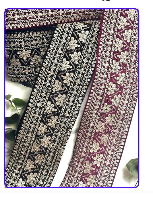 Black Wine Fabric Lace Sequin Embellished Gold Zari Embroidered Indian Bridal Gown Trim