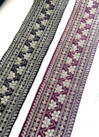 Black Wine Fabric Lace Sequin Embellished Gold Zari Embroidered Indian Bridal Gown Trim