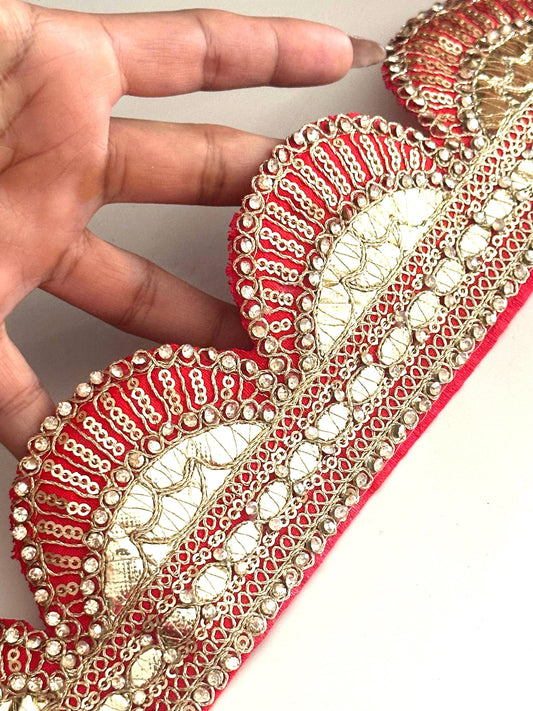 Red Embroidered Gota Patti Fabric Trim Traditional Indian dance Costume Border