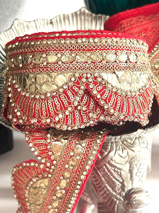 Red Embroidered Gota Patti Fabric Trim Traditional Indian dance Costume Border
