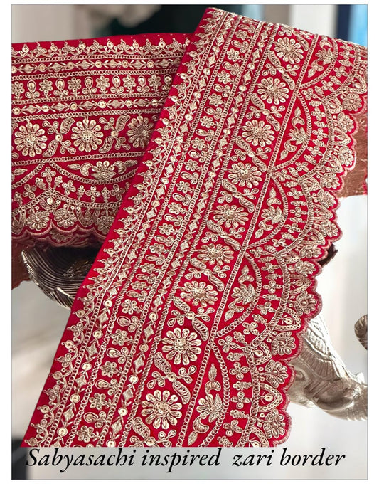 Red Zari Border Gold Hand Embroidered Indian Wedding Fabric Lace Sabyasachi Style