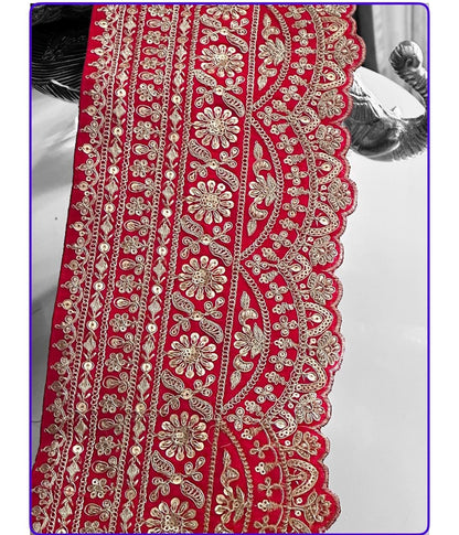 Red Zari Border Gold Hand Embroidered Indian Wedding Fabric Lace Sabyasachi Style
