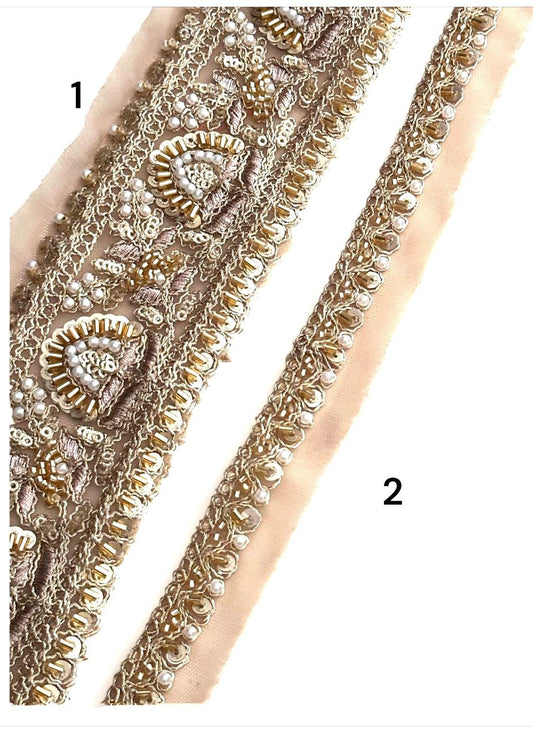5cm Light Gold Zari Embellished Lace Glass Bead Pearl Embroidered Trim