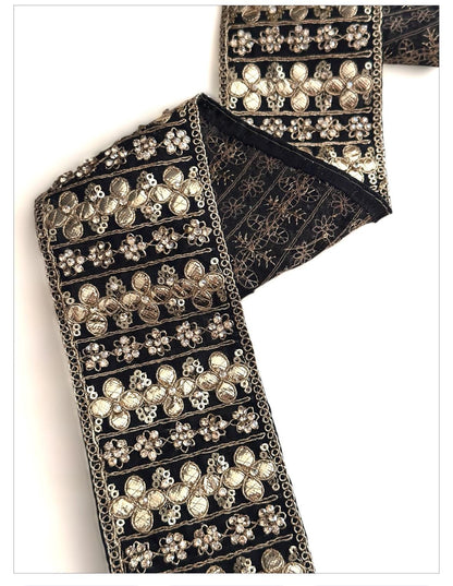 Black Floral Embroidered Zircon Lace Gota Crystal Indian Gypsy Lace