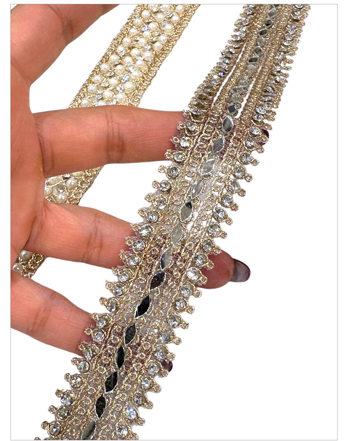 Gold Pearl Mirror Work Trim Zircon Handmade Zari Trim with Beads for Sewing & Craft